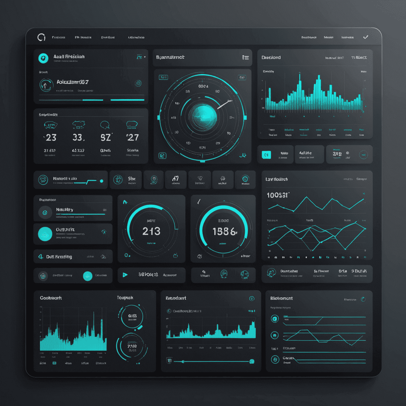 Futuristic web design interface with AI elements, showing a sleek dashboard with data visualizations and adaptive layouts