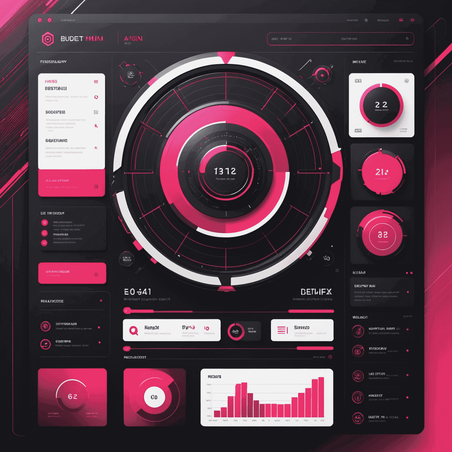 Futuristic web design interface with AI elements, showing a mix of red, pink, black, and white color scheme