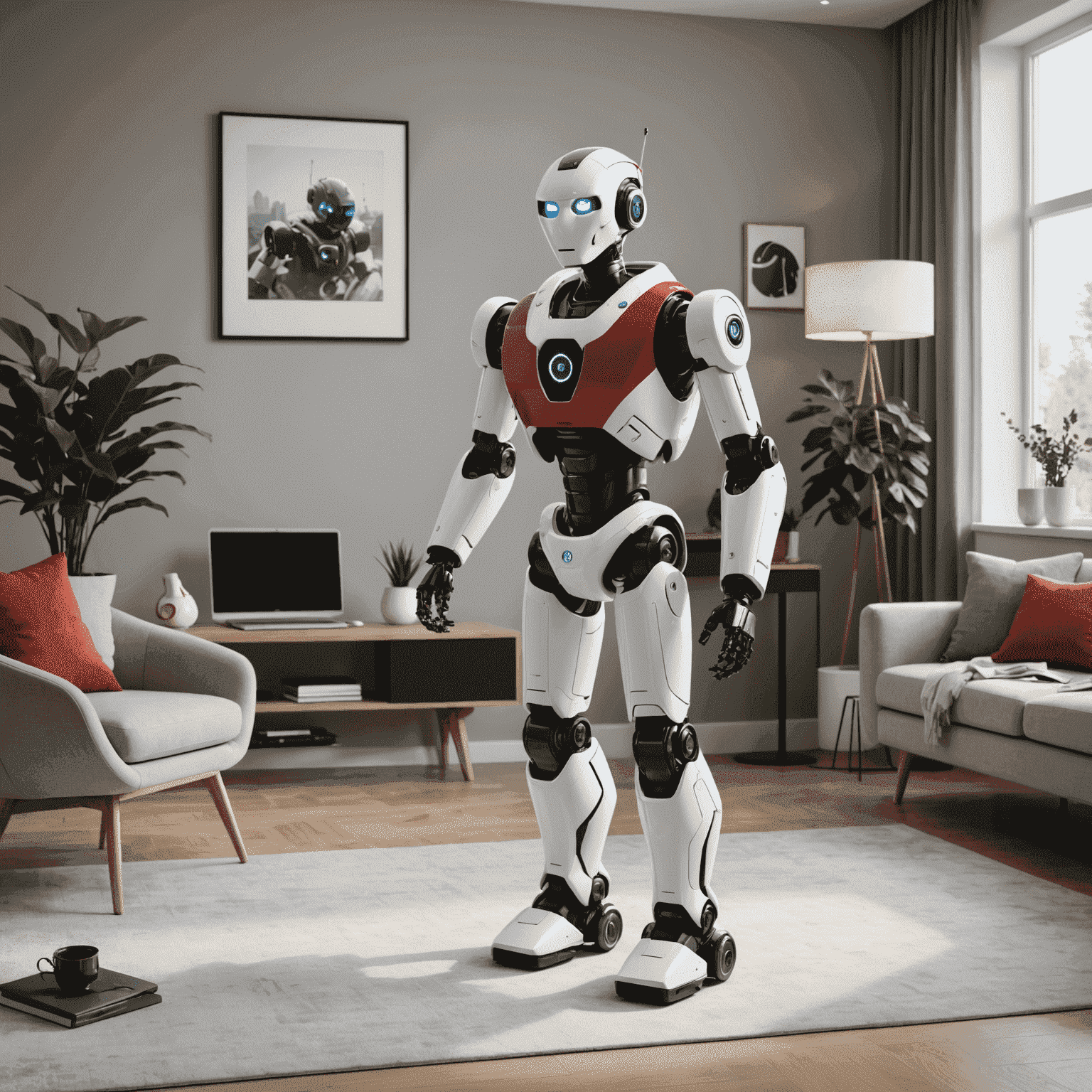 A sleek, modern home robot designed by TreeU, performing household tasks in a stylish living room. The robot has a streamlined white and red design, showcasing TreeU's signature color scheme.