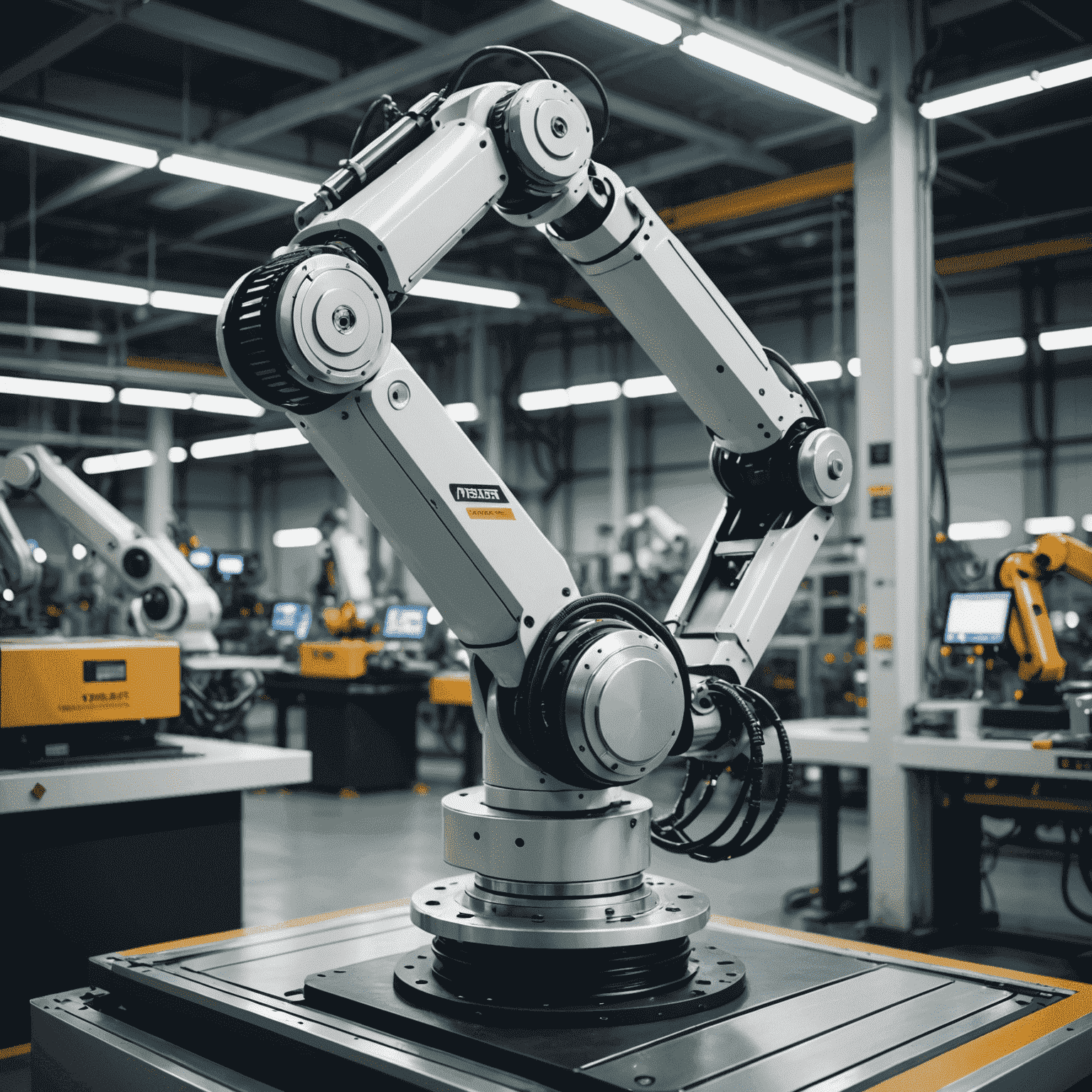 A sleek industrial robot arm in a modern manufacturing facility, demonstrating precise movements in an assembly line. The robot's design showcases TreeU's focus on efficiency with its streamlined form and advanced sensors.