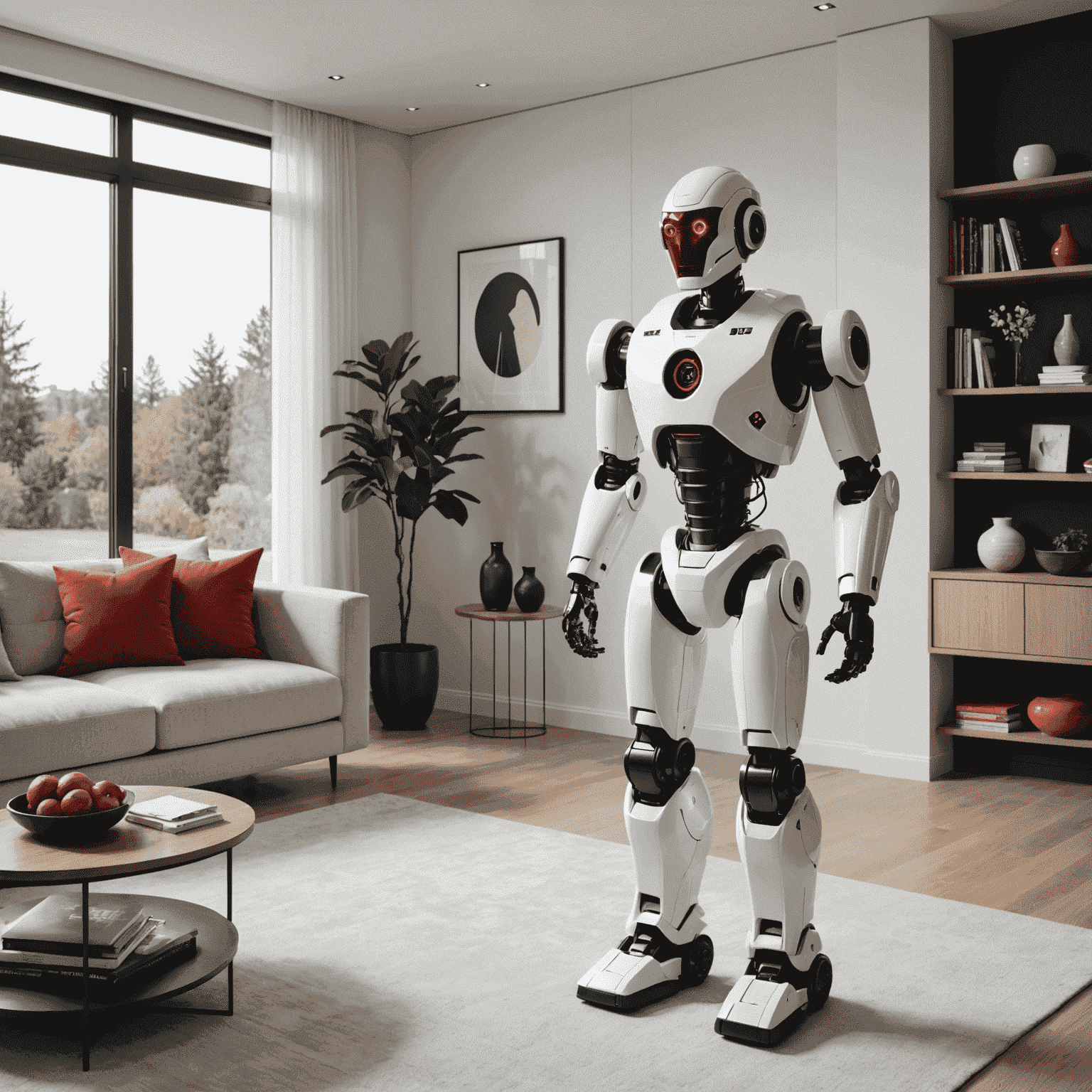 A sleek, modern home robot with a minimalist design, seamlessly blending into a contemporary living room. The robot has a smooth white exterior with red accents, matching the overall color scheme of the room.