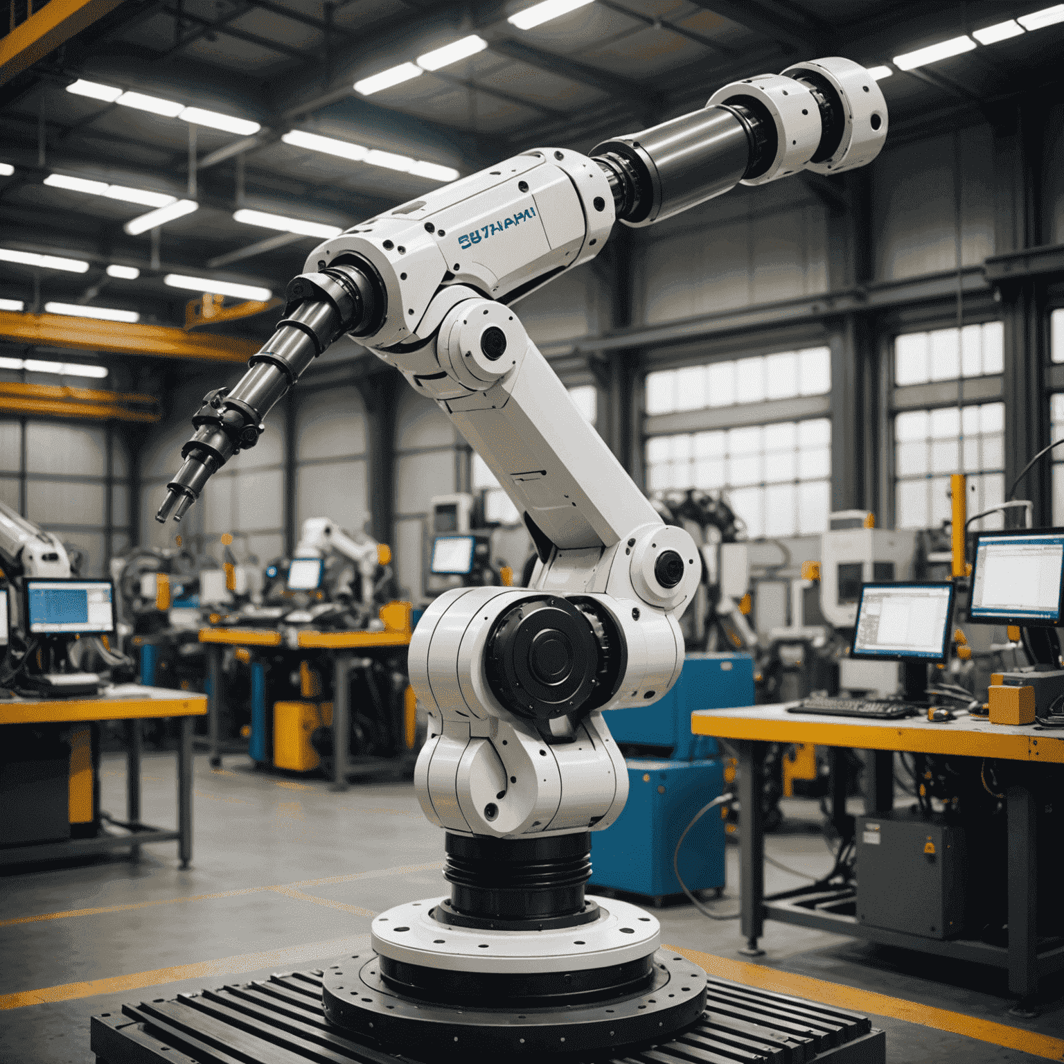 A sleek and modern industrial robot arm in a manufacturing setting, showcasing efficient design and advanced technology