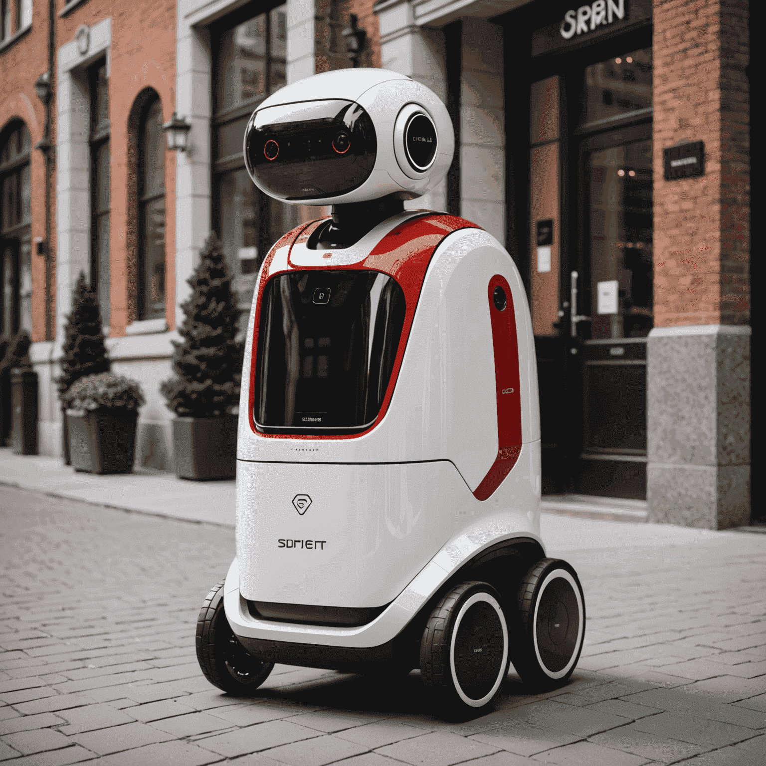 A sleek and modern food delivery robot with a streamlined design, featuring a red and white color scheme. The robot has a compact body with smooth curves, a clear compartment for food storage, and advanced navigation sensors.