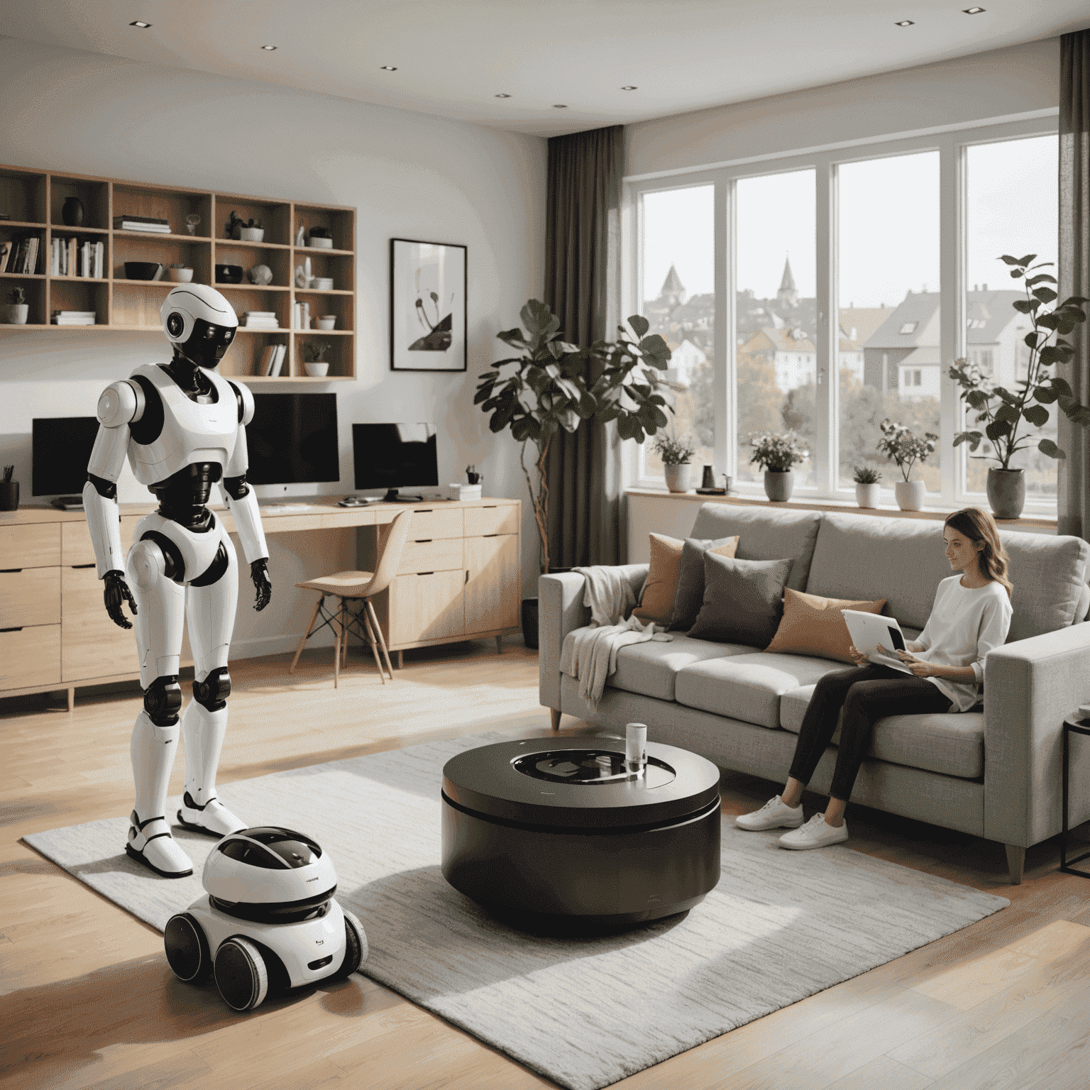 Modern living room with sleek home robots performing various tasks, such as cleaning and organizing