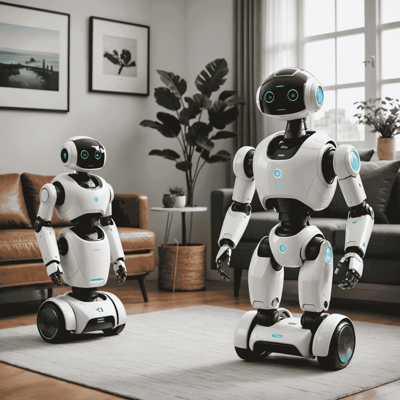 A collection of TreeU-designed home robots showcasing various functions: a cleaning robot, a security robot, and a personal assistant robot. Each robot features a unique design that blends with modern home interiors.