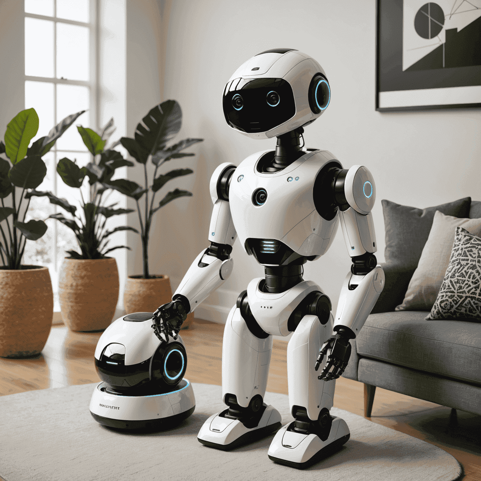 A sleek, modern home robot with smooth curves and a friendly interface, designed to blend seamlessly with home decor