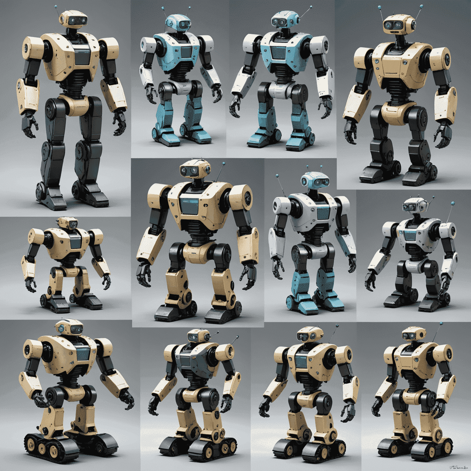 A collage showing various stages of industrial robot design process, from initial sketches to 3D models and final product