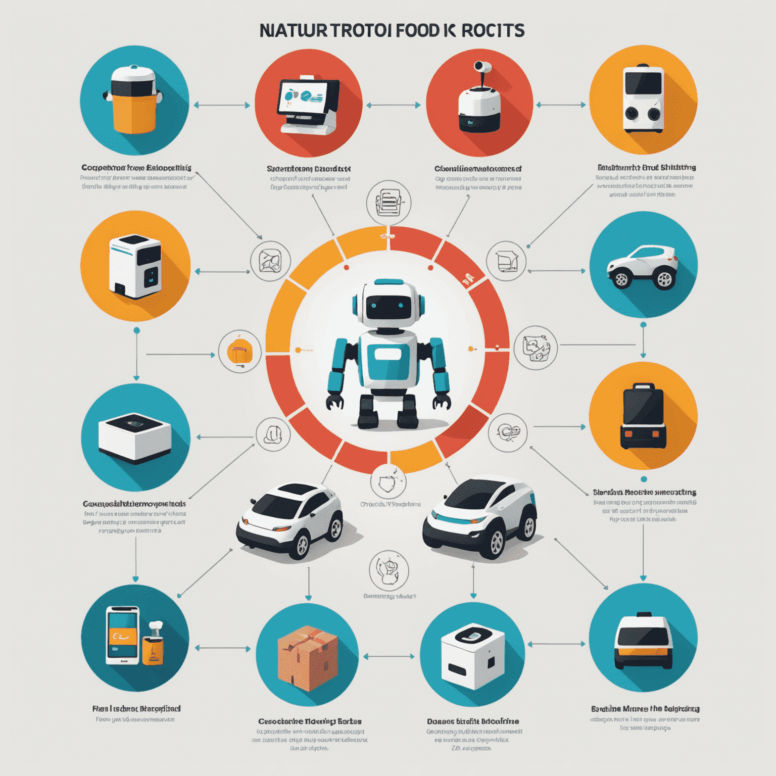 An infographic showing the design process for food delivery robots. The image displays a circular flow chart with steps like 'Concept Development', '3D Modeling', 'Prototype Testing', and 'Final Design'. Each step is accompanied by small icons representing the activities involved.