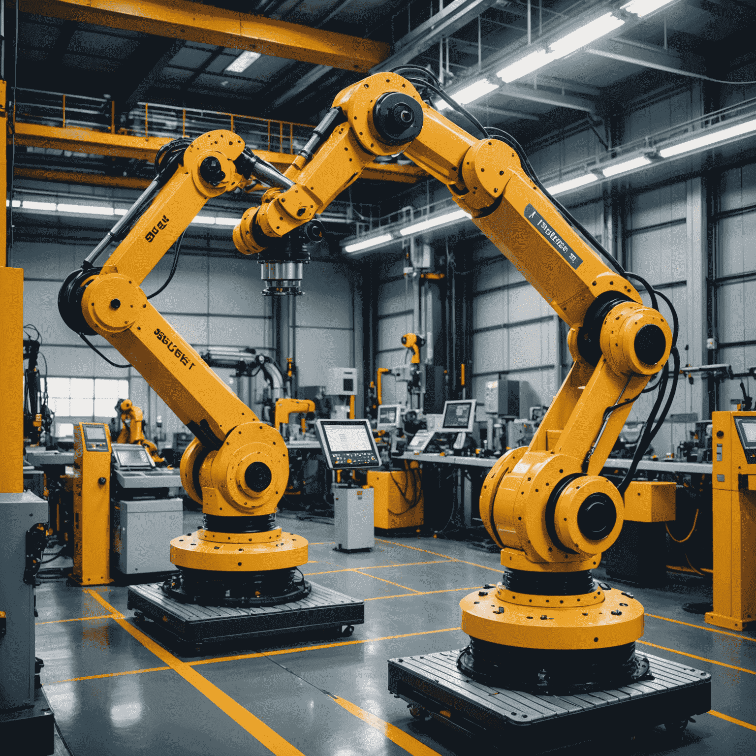 Advanced industrial robots working in a high-tech manufacturing facility, showcasing precision and efficiency