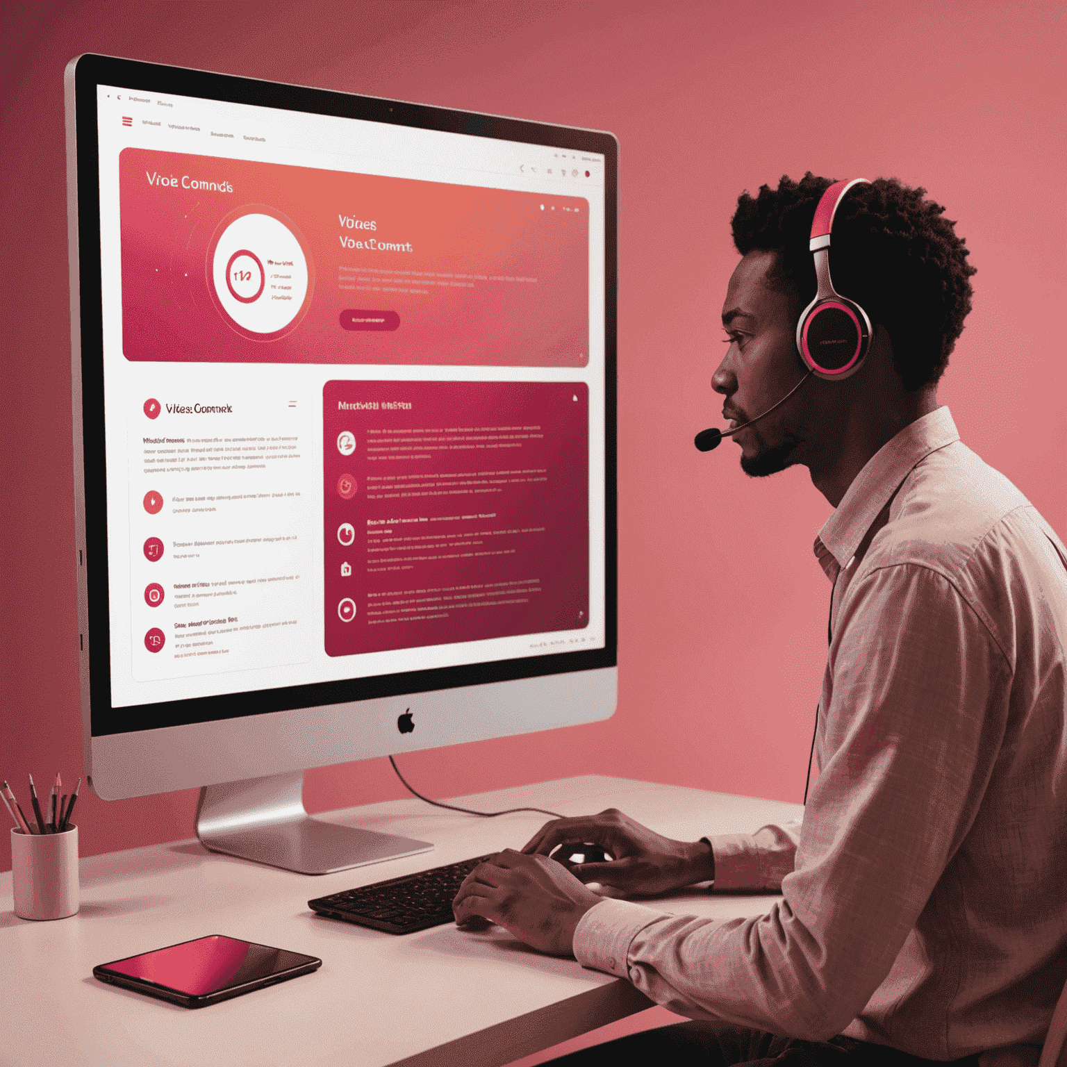 Illustration of a person interacting with a website using voice commands, with visual feedback on screen in red and pink hues