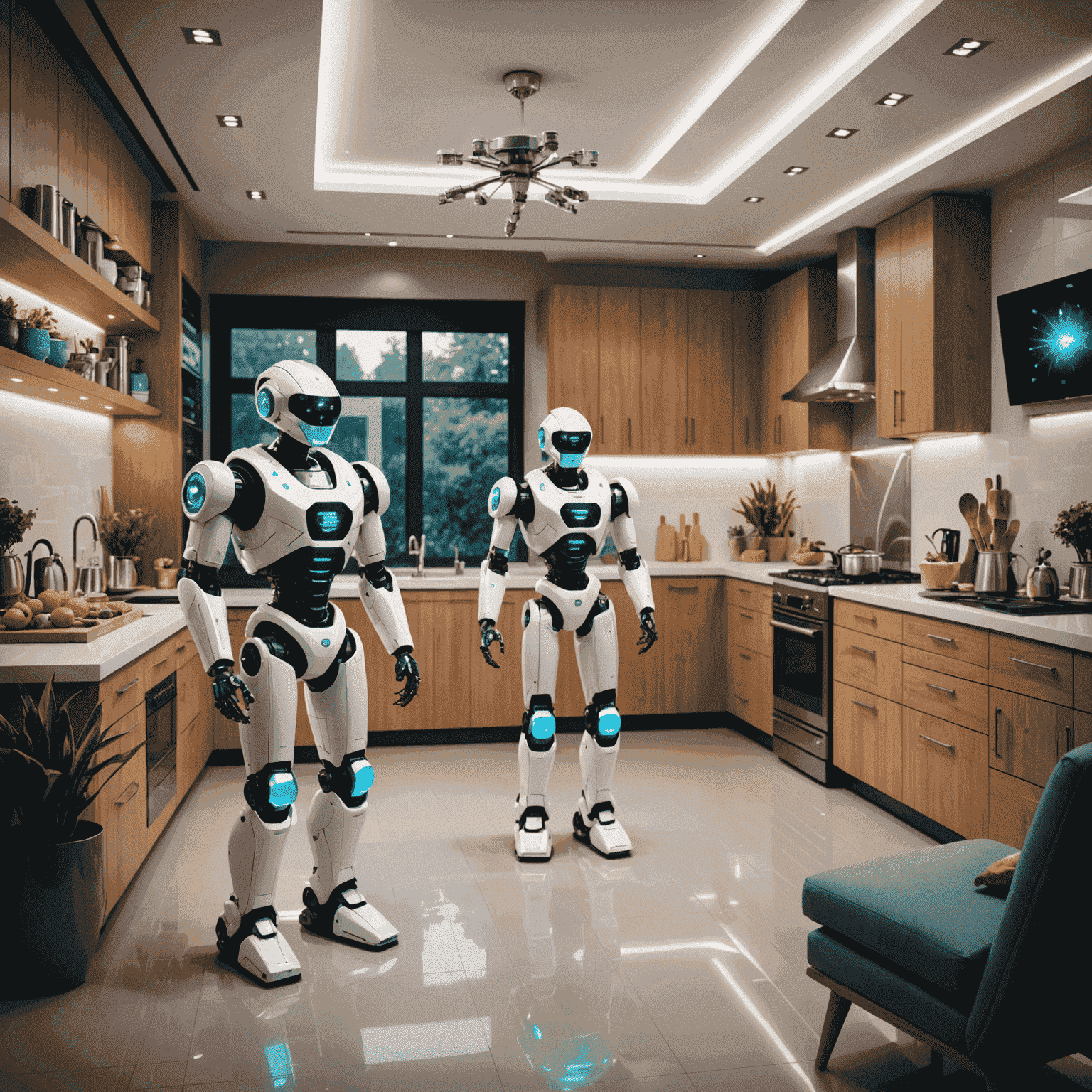 A futuristic smart home interior featuring multiple TreeU-designed robots working in harmony. The scene showcases robots assisting with cooking, cleaning, and providing entertainment, all integrated seamlessly into a high-tech living space.