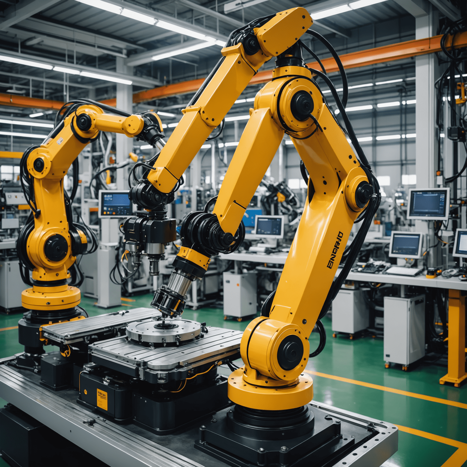 A TreeU-designed industrial robot efficiently assembling car parts on an automotive production line. The image showcases the robot's precise movements and the surrounding sensors that contribute to its high efficiency.