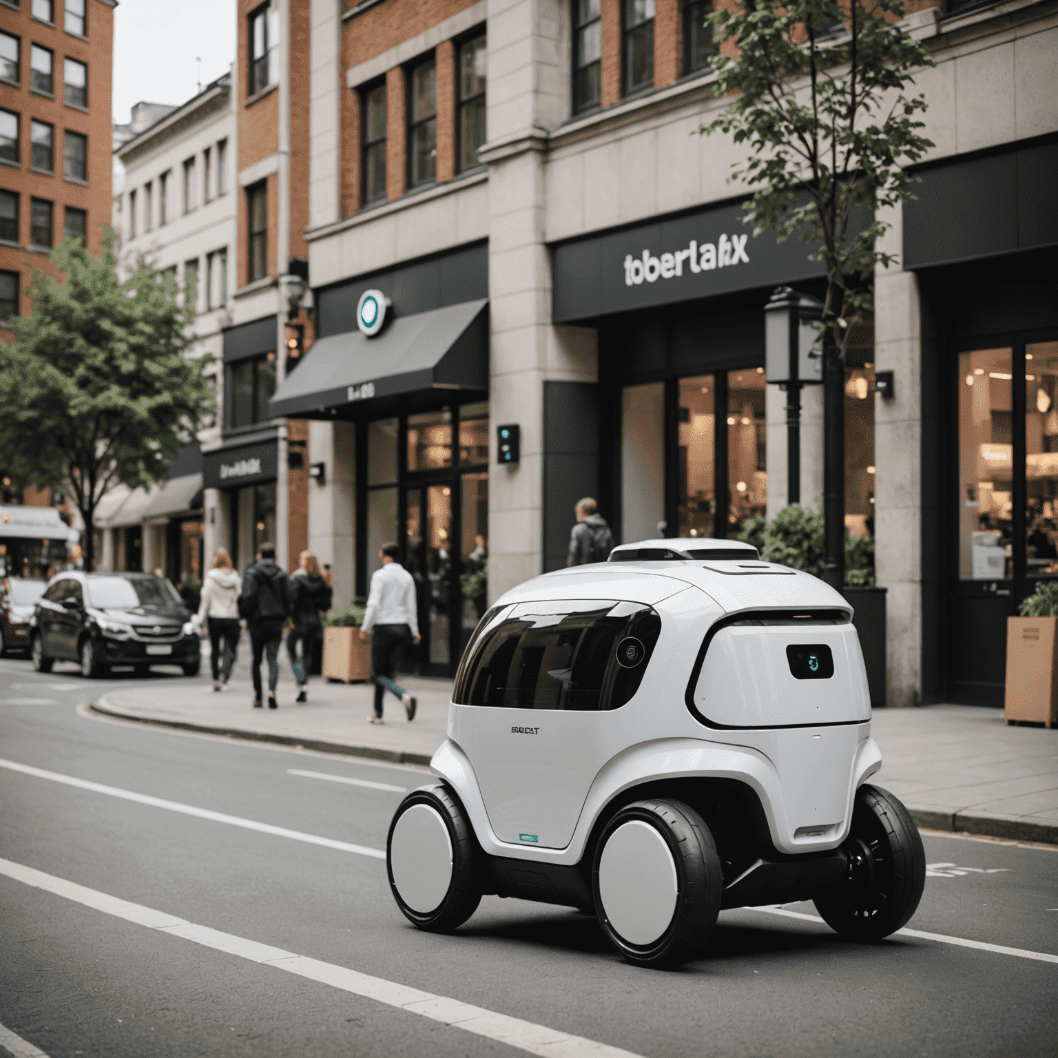 A compact and agile food delivery robot navigating city streets, featuring a modern design with secure compartments for food transport